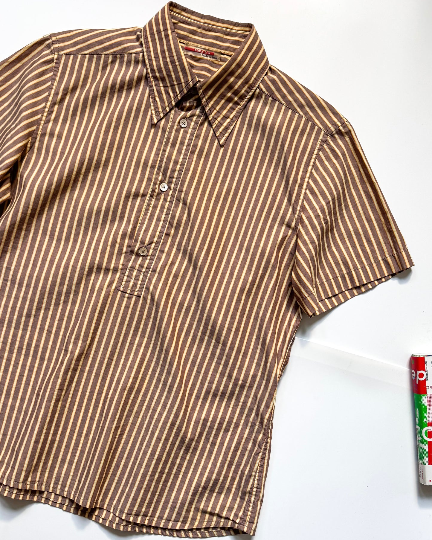 2000s  Vertical Striped Brown / Yellow Quarter Button Up Shirt (~M~)
