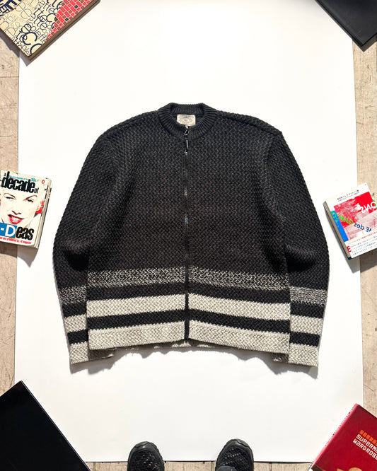 Early 2000s Grey Striped Zip Up  Knit Jumper (XL ~ XXL )