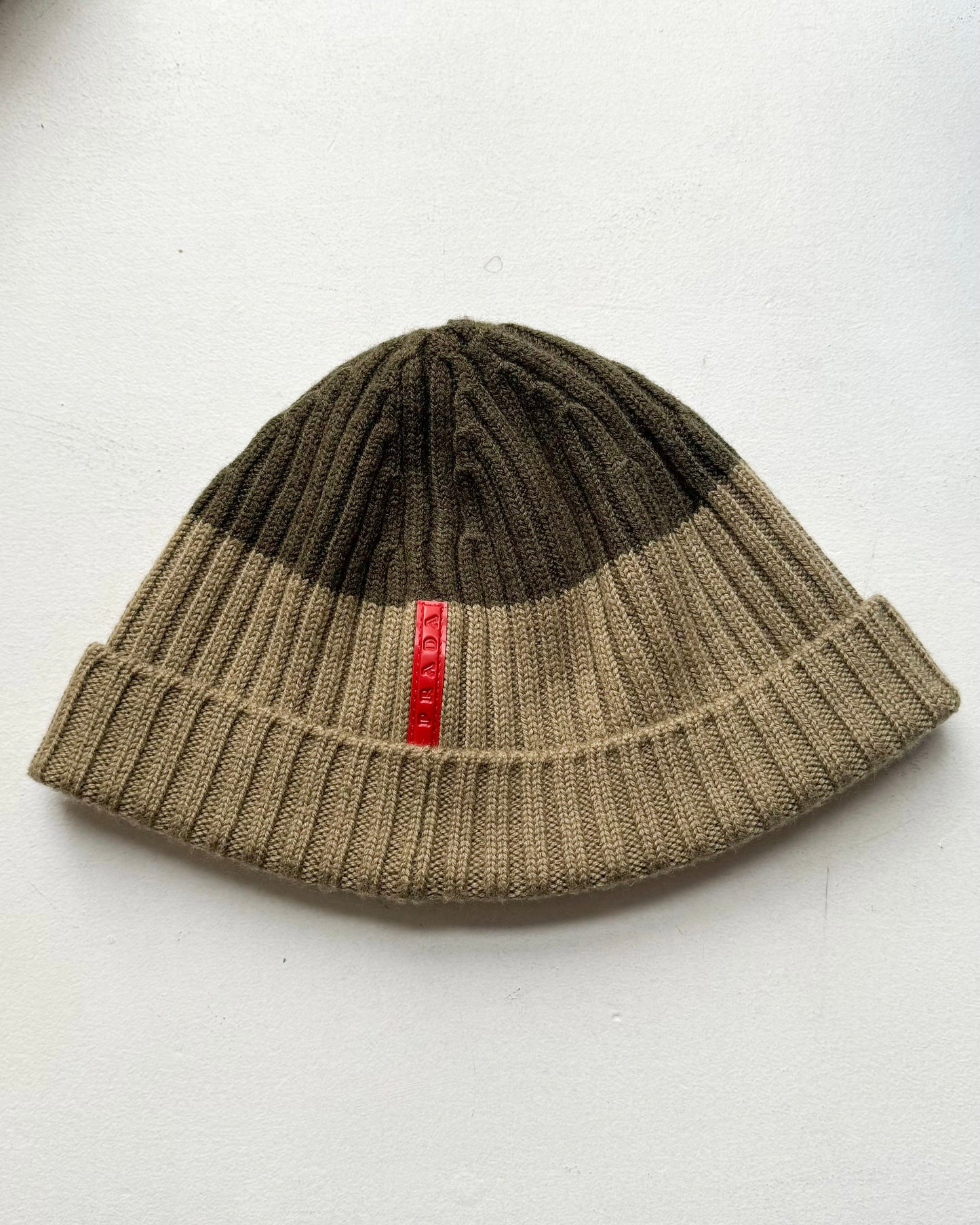 Two Tone Brown / Khaki Red Tab Beanie Hat