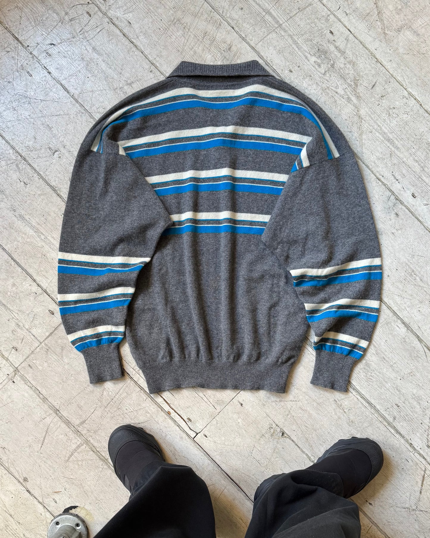 80s Light Weight Button Up Striped Polo Knit Jumper (M~L)