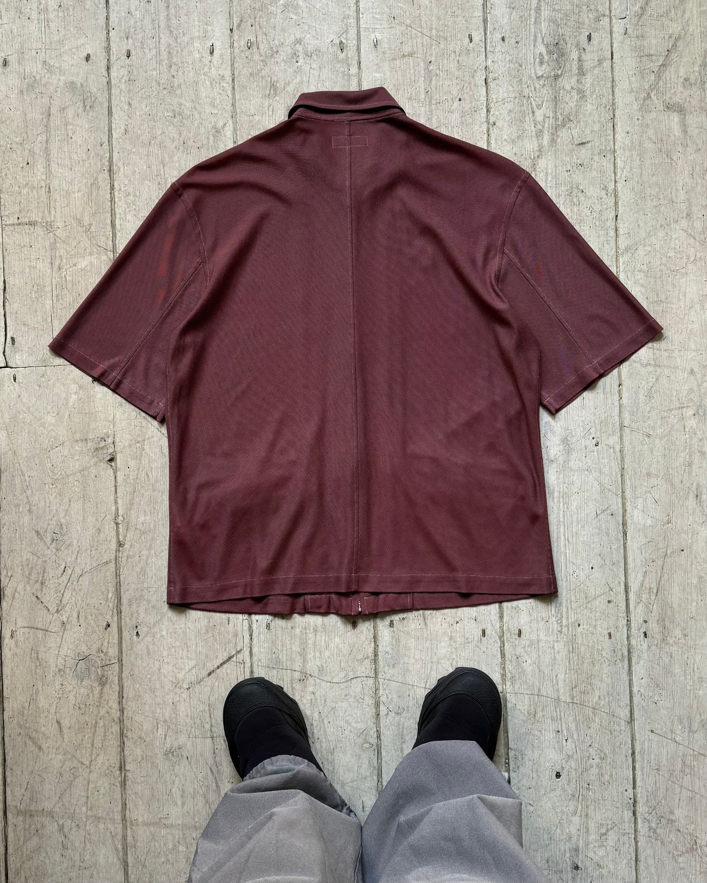 90s Mesh Burgundy Zip Up Shirt  (~M~)