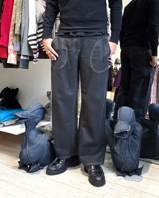 2000s Traced Pocket Contrast Stitch Linen Cotton Poly Washed Black Trousers  (28~30)