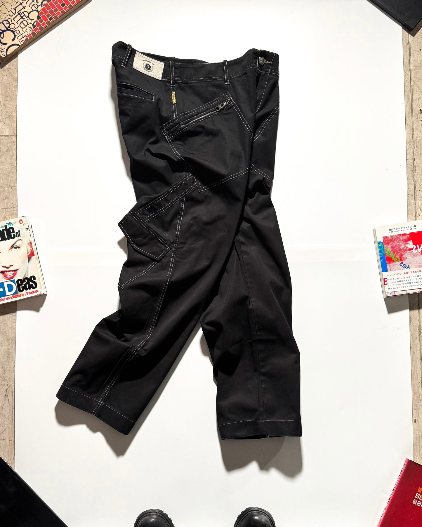 Early 2000s  Black Asymmetrical Wrap Around Pocket Panelled  Cargo Trousers  (36~38)