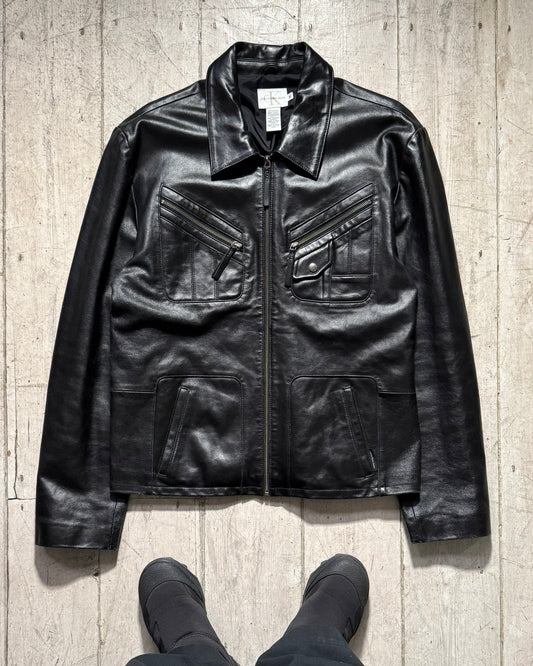 Black Panelled Cargo Leather Jacket (~XL~)