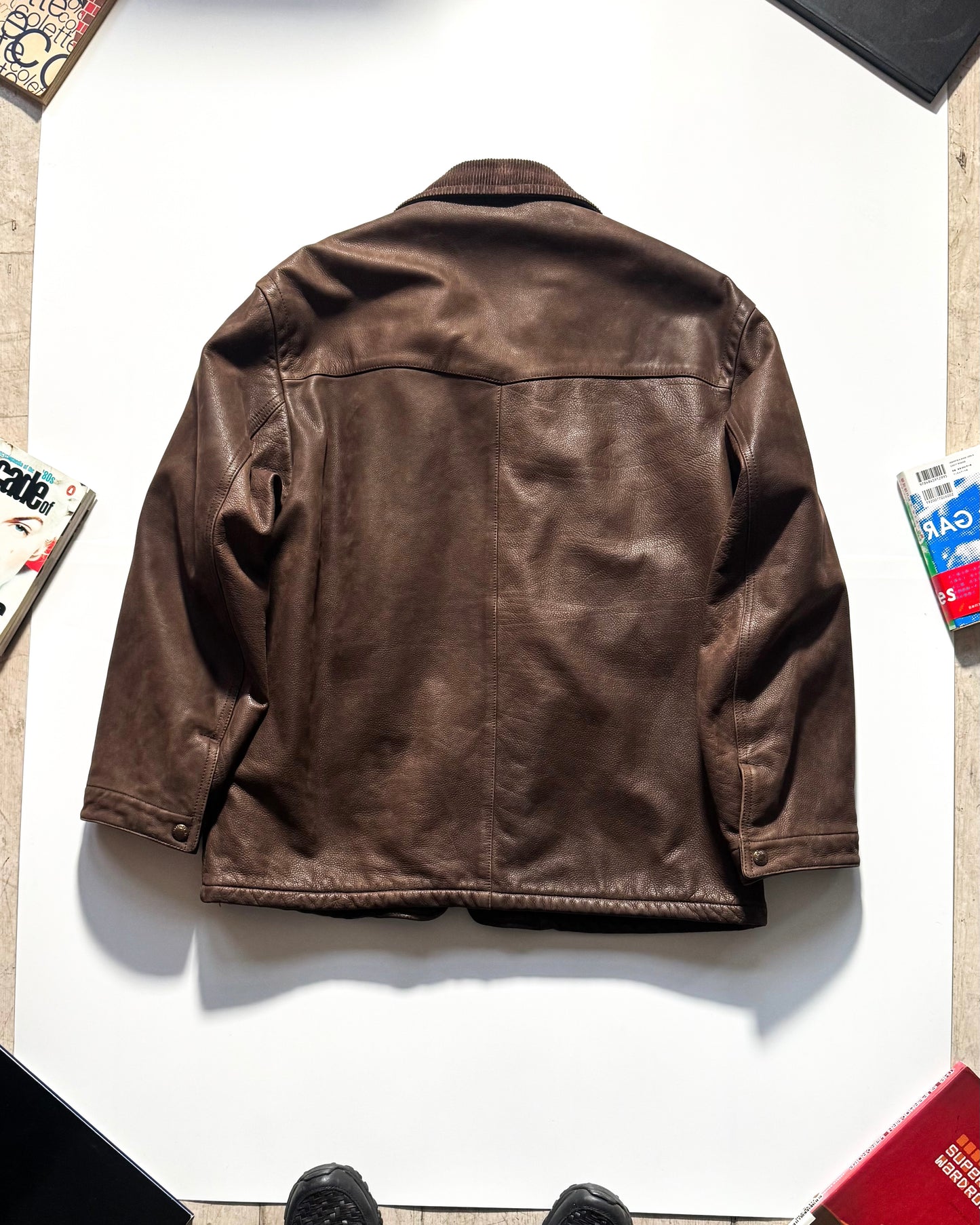 90s Brown Lined Corduroy Collar Field Leather Jacket (L~XL)