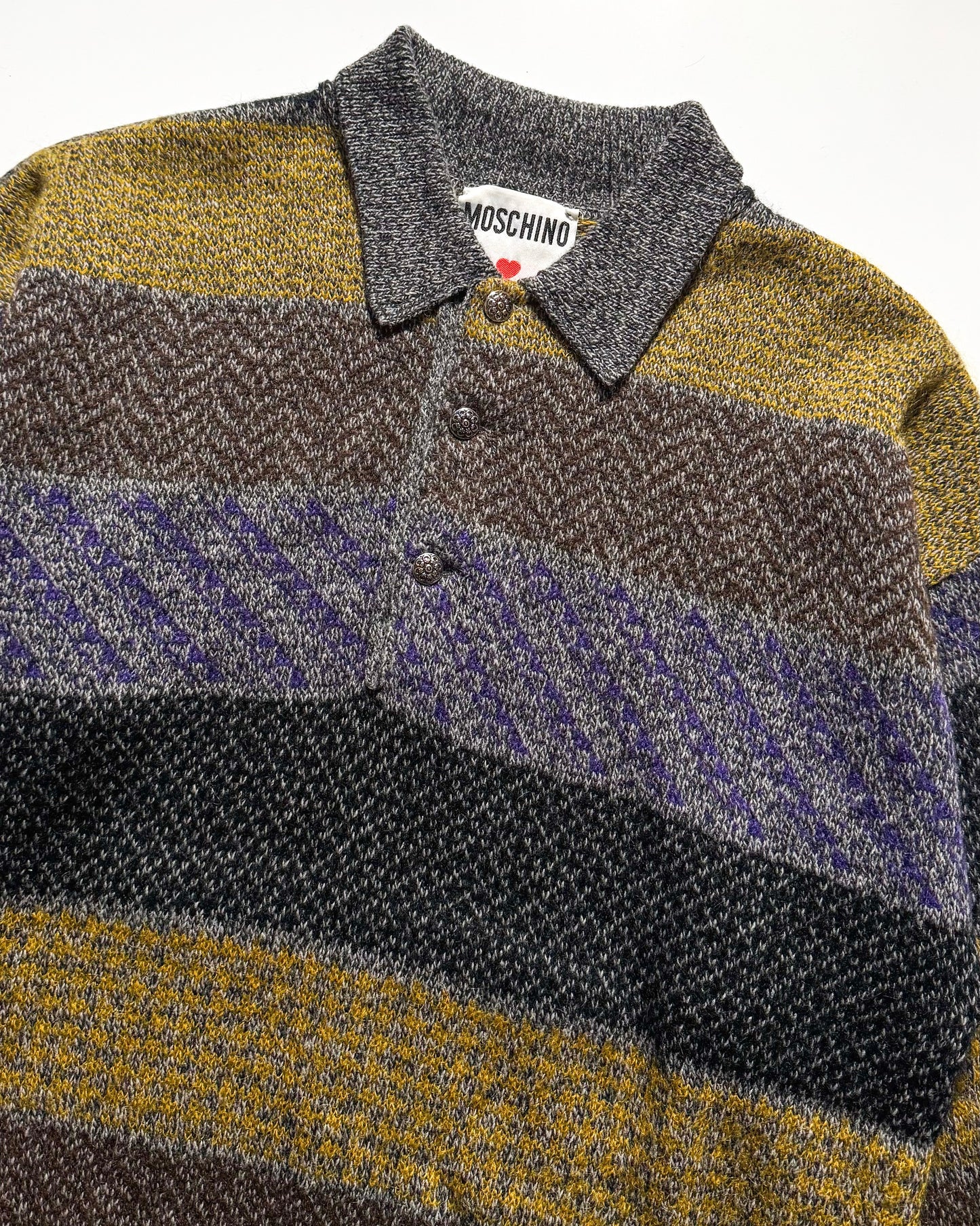 80s Multi Pattern Stripe Collared Button Up Knit Jumper (M~L)