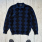 80s Blue Black Diamond Pattern Quarter Button Up Knit Sweater / Jumper (M~L)