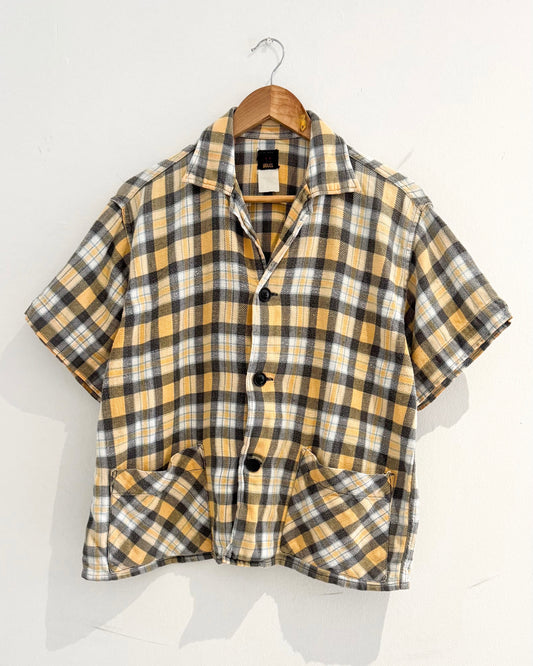 Pale Yellow / Grey Woven Plaid Short Cotton Shirt (M~L)