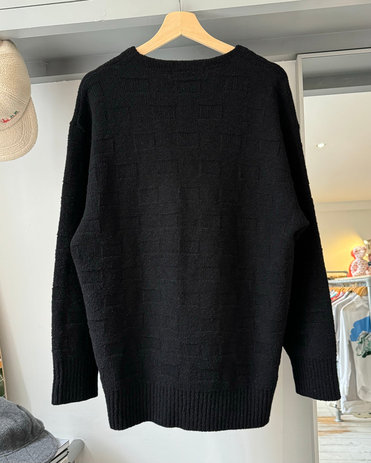 80s 3D Grid Texture Tonal Henley Collar Black Knit Jumper  (L~XL)