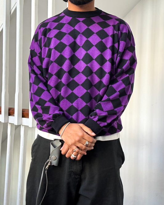 90s Purple Black Argyle Pattern Lightweight Knit Jumper (~M~)
