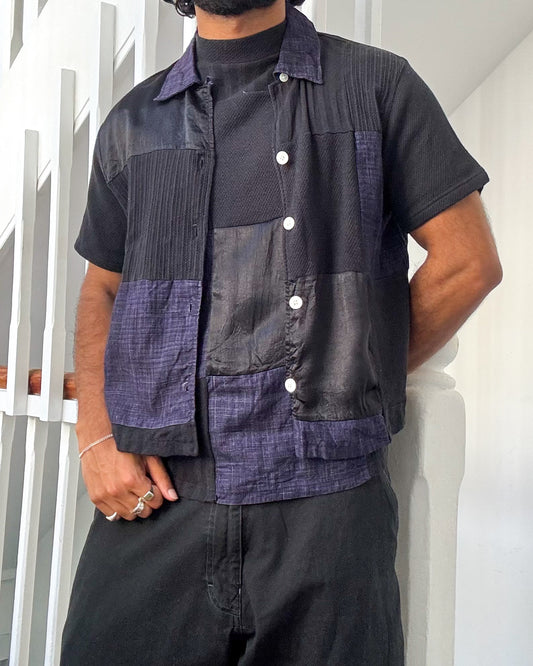 Patchwork Black Blue Shirt  and Tshirt Set (~S~)
