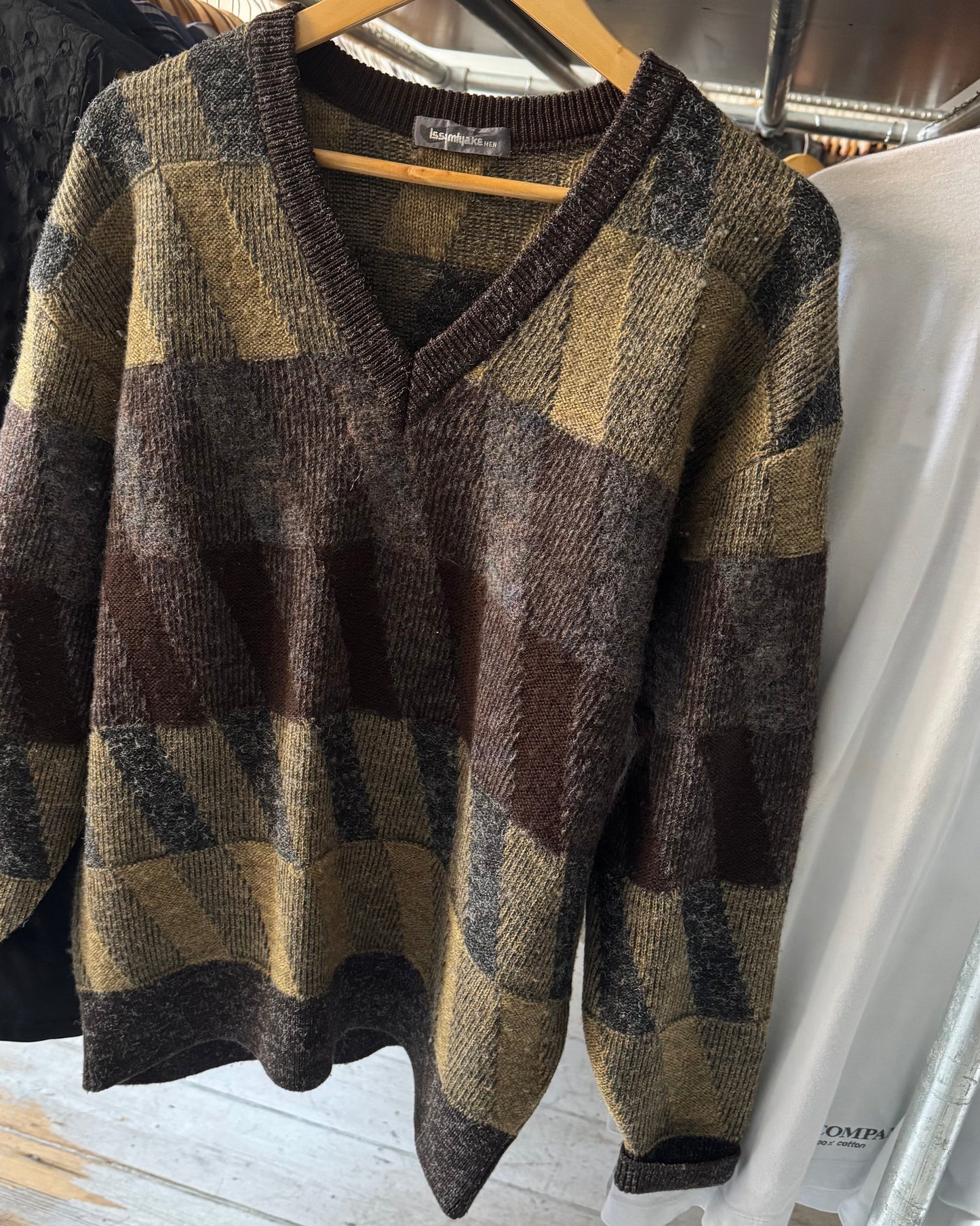 80s Brown Grey Diagonal V-neck Knit Sweater / Jumper (~L~)