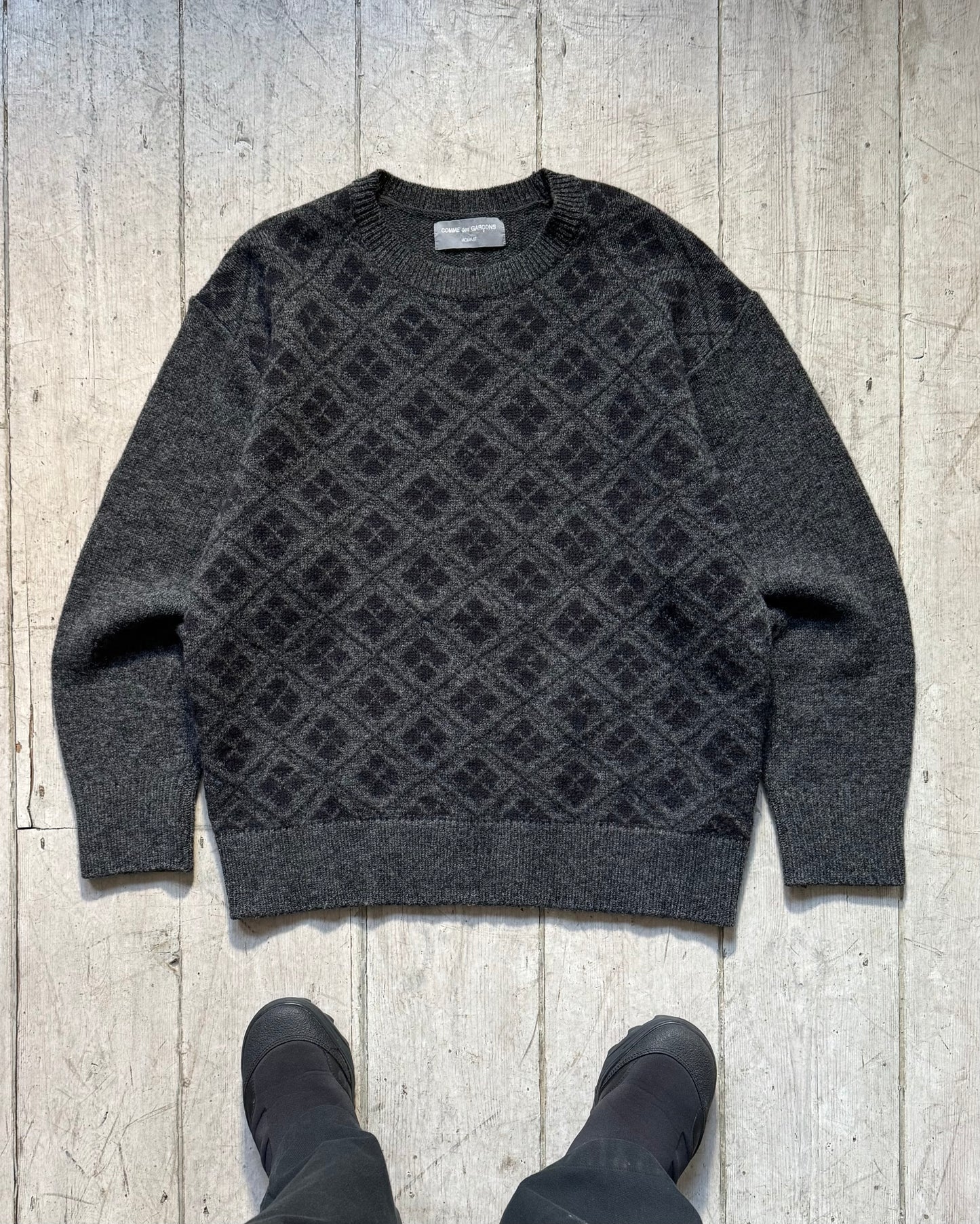 1995 Grey Argyle Pattern Front Knit Jumper  (M~L)