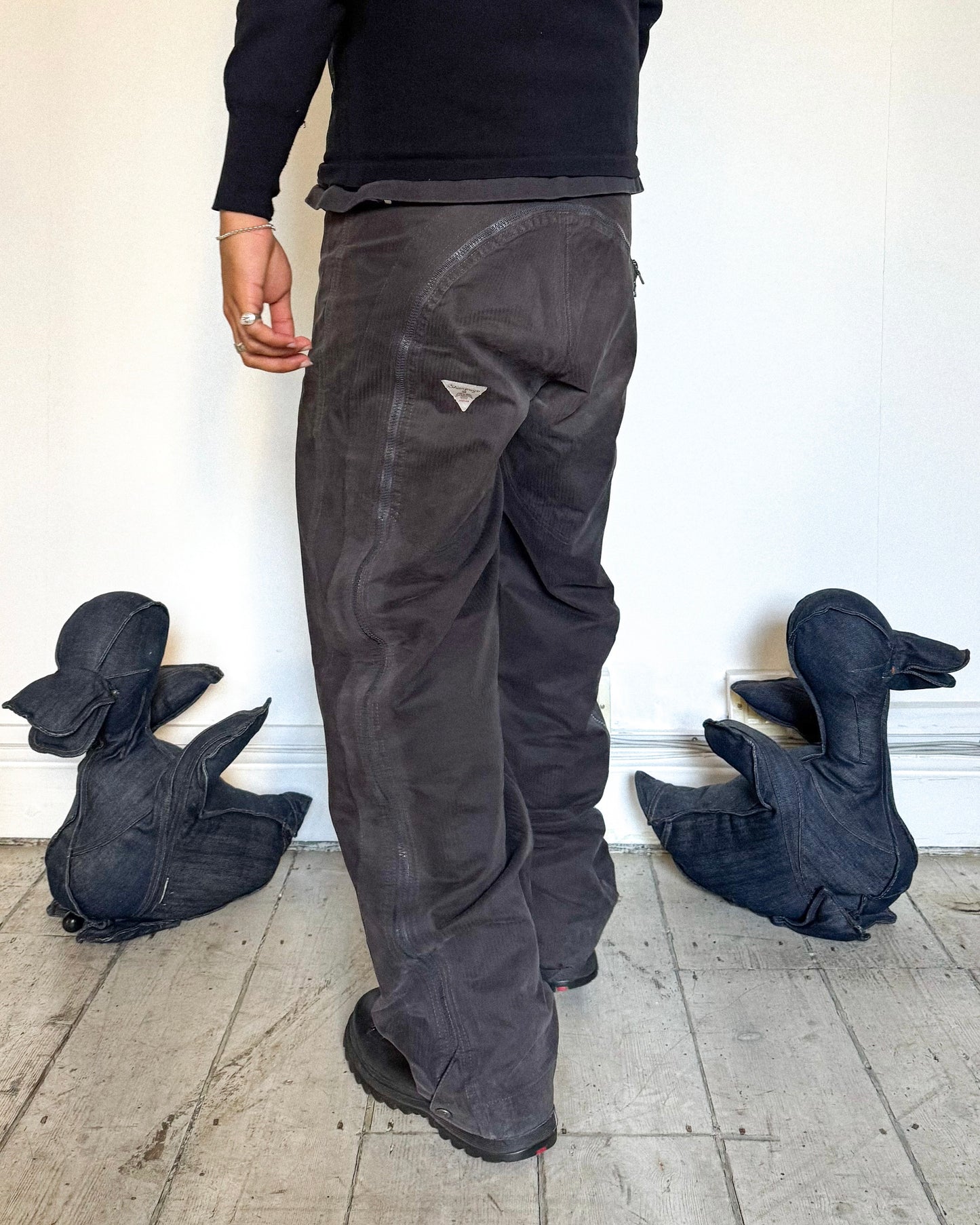 90s  Brown Tonal Striped Asymmetrical Back Zip Cargo Pants (30~32)