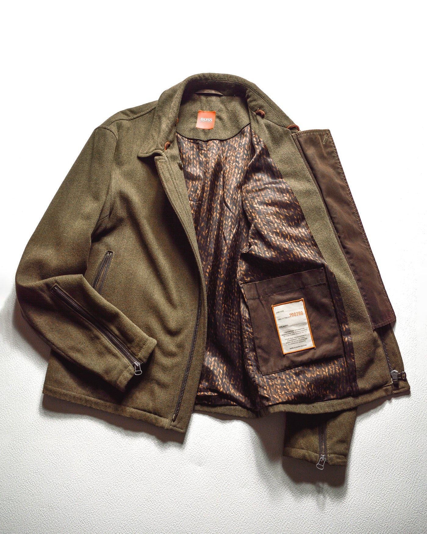 Early 2000s Olive Brown Asymmetrical Work Jacket with Knit Print Interior (~M~)