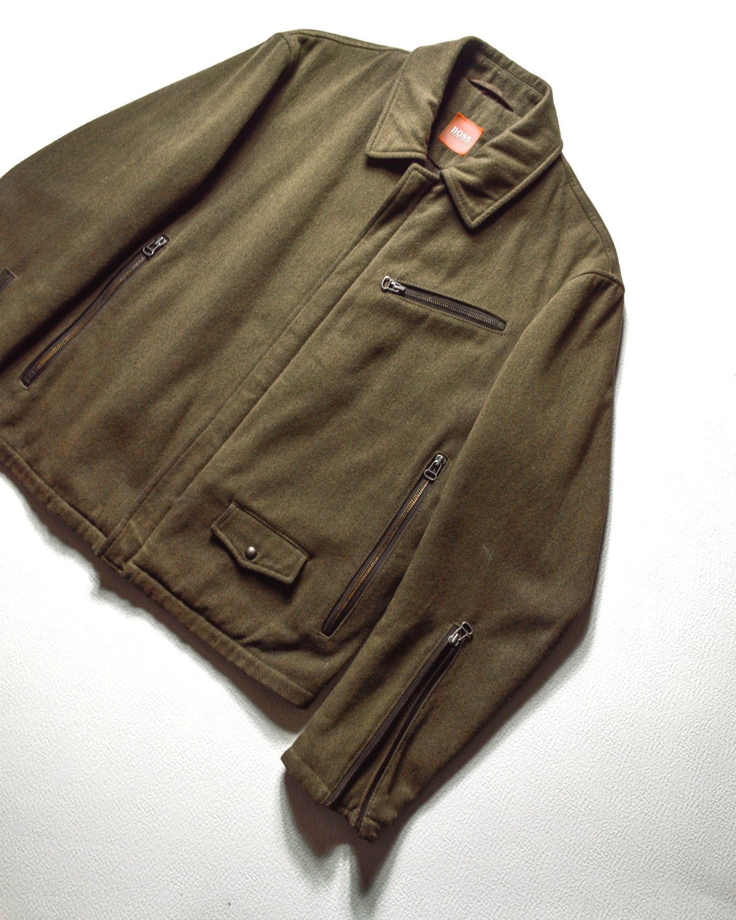 Early 2000s Olive Brown Asymmetrical Work Jacket with Knit Print Interior (~M~)