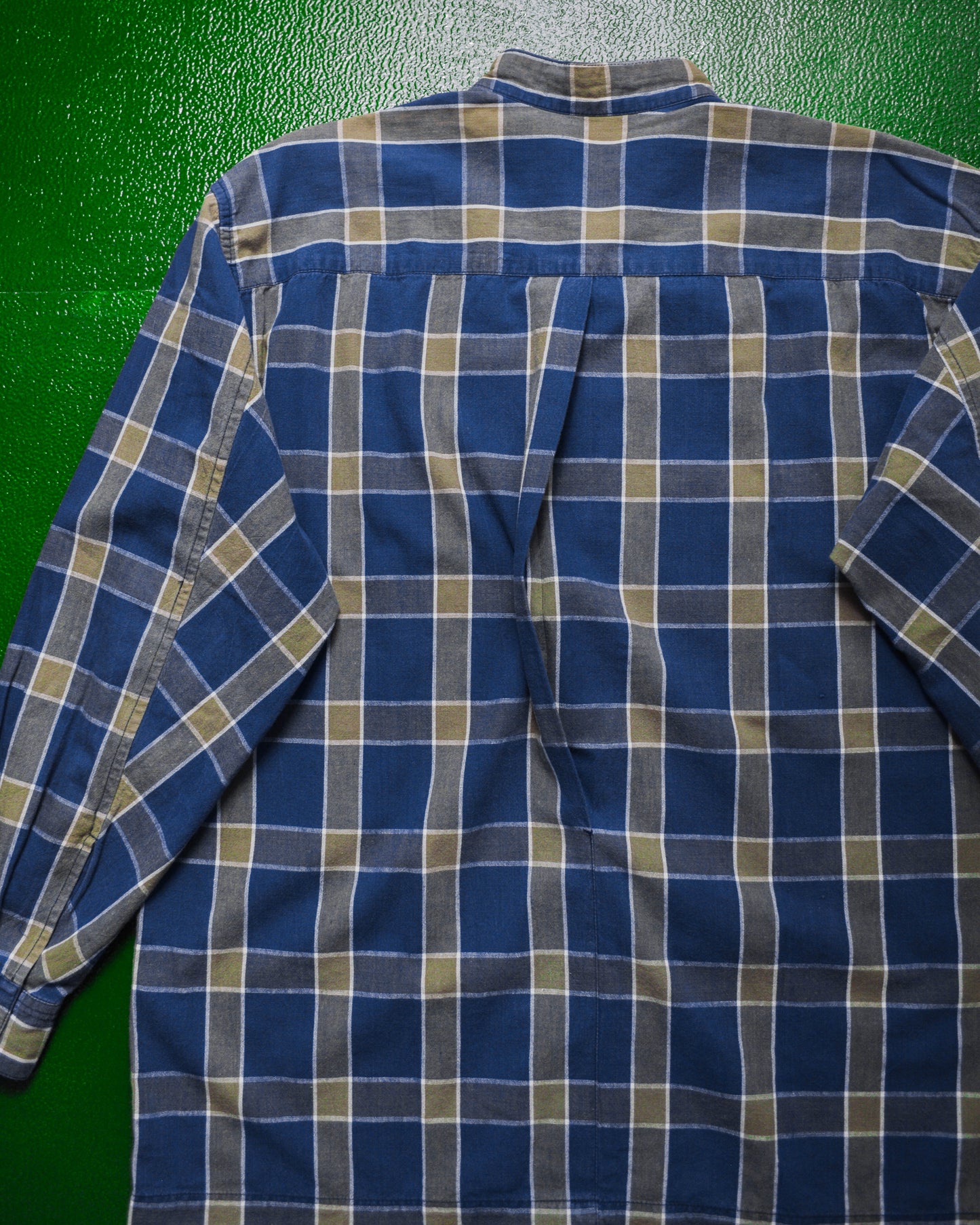 80s Multi-Pocket Blue Grey Check Mandarin Collar Shirt (M)