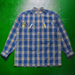 80s Multi-Pocket Blue Grey Check Mandarin Collar Shirt (M)