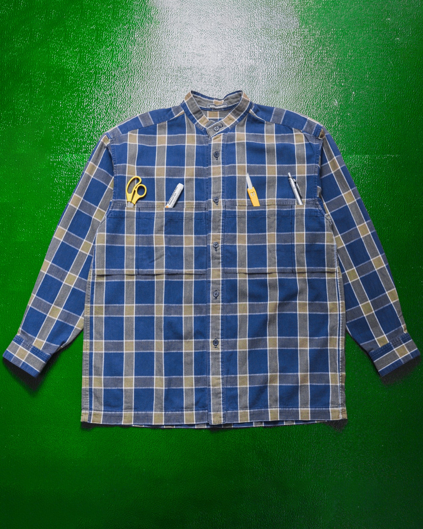 80s Multi-Pocket Blue Grey Check Mandarin Collar Shirt (M)