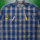 80s Multi-Pocket Blue Grey Check Mandarin Collar Shirt (M)