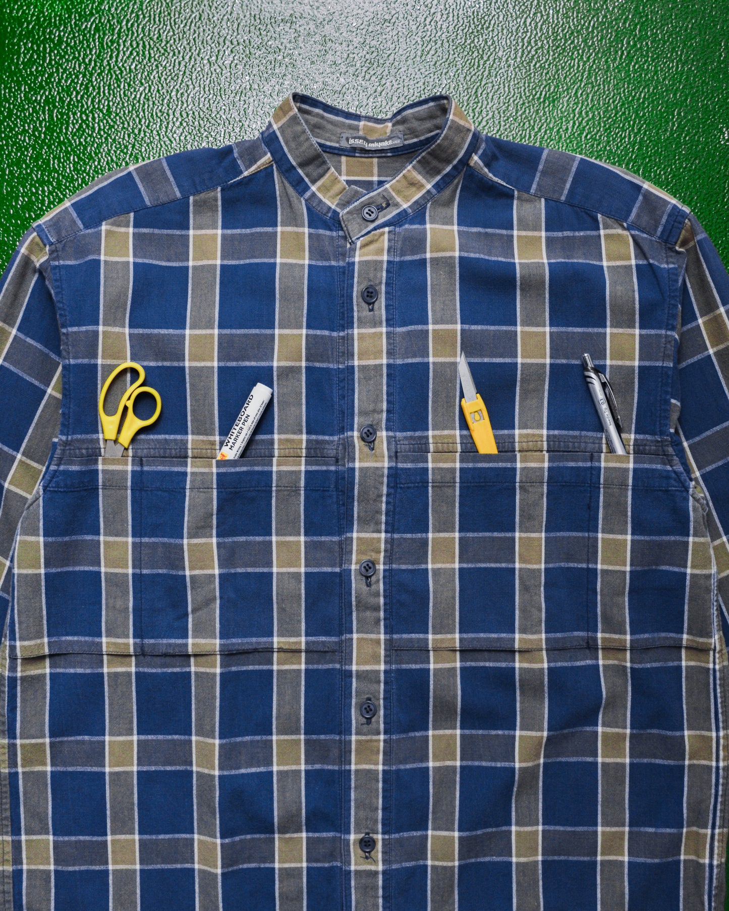 80s Multi-Pocket Blue Grey Check Mandarin Collar Shirt (M)