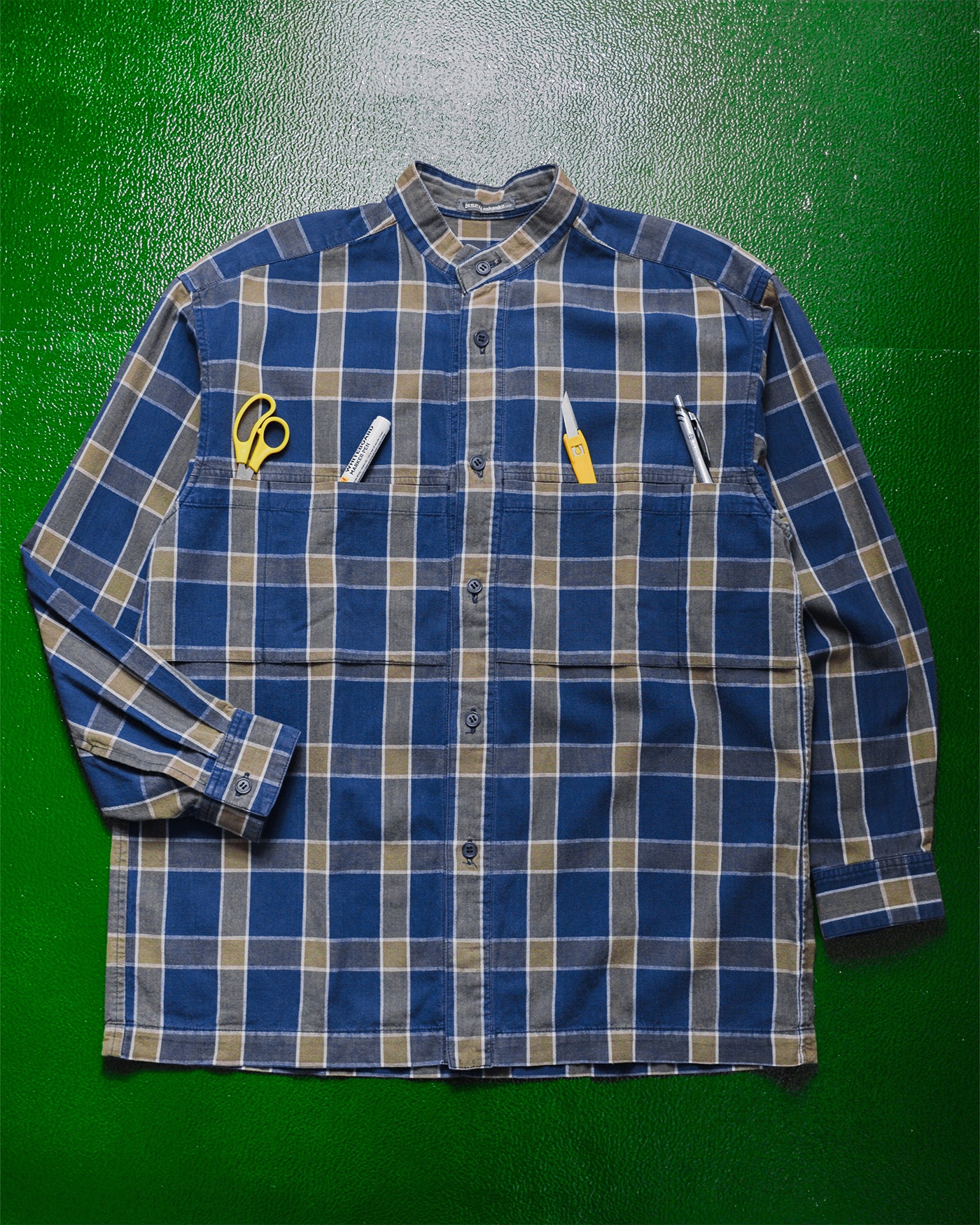 80s Multi-Pocket Blue Grey Check Mandarin Collar Shirt (M)