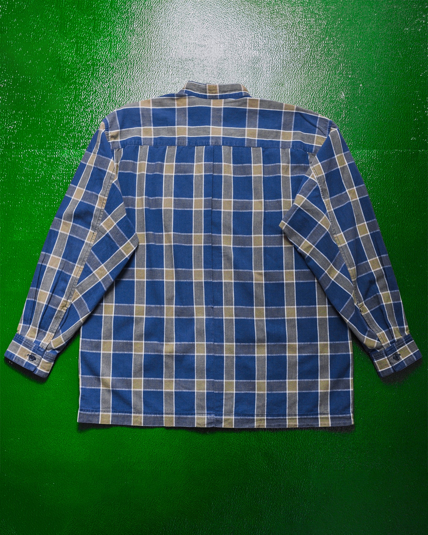 80s Multi-Pocket Blue Grey Check Mandarin Collar Shirt (M)
