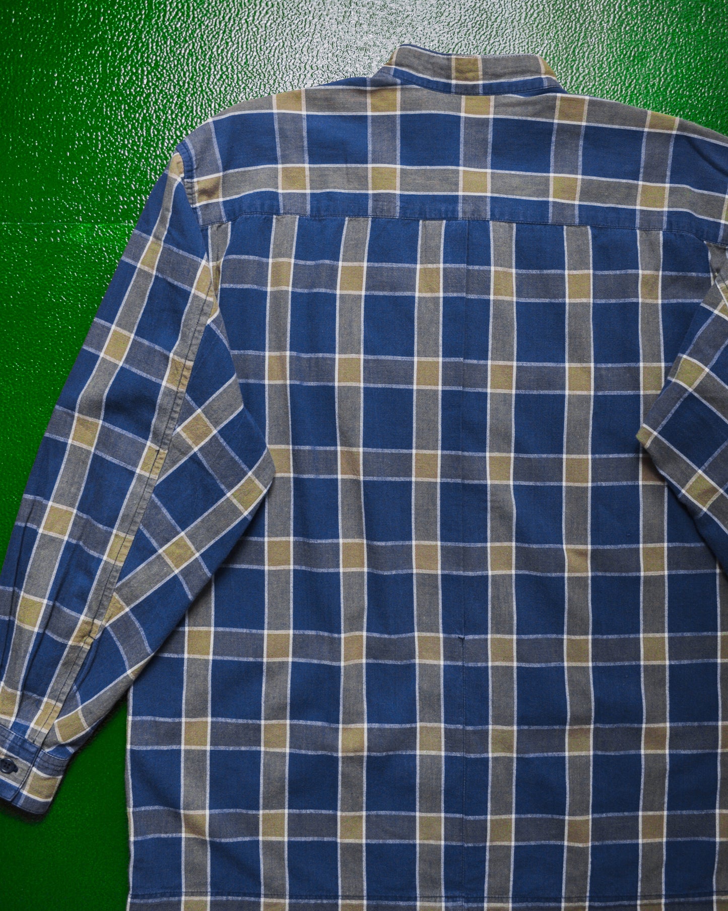 80s Multi-Pocket Blue Grey Check Mandarin Collar Shirt (M)