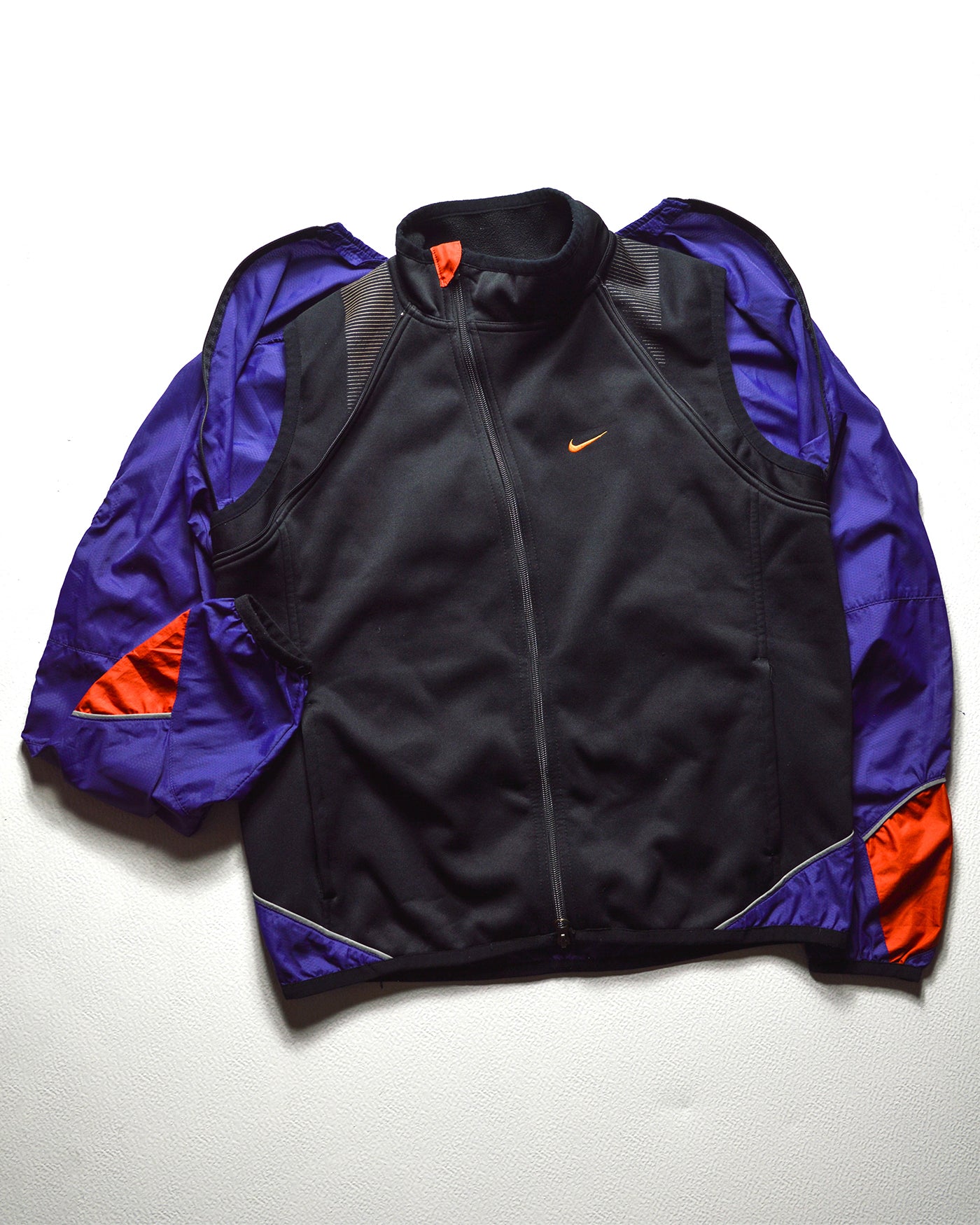 Fall 2001 Detachable Sleeve Black / Purple / Orange Asymmetrical Curved Zip Track Jacket (M)