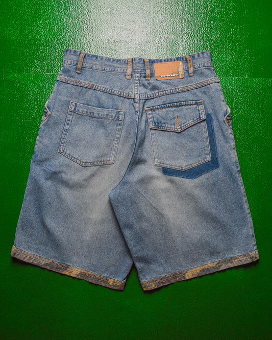 Reconstructed Asymmetrical Desert Camo Trim Denim Jorts  Shorts (30)