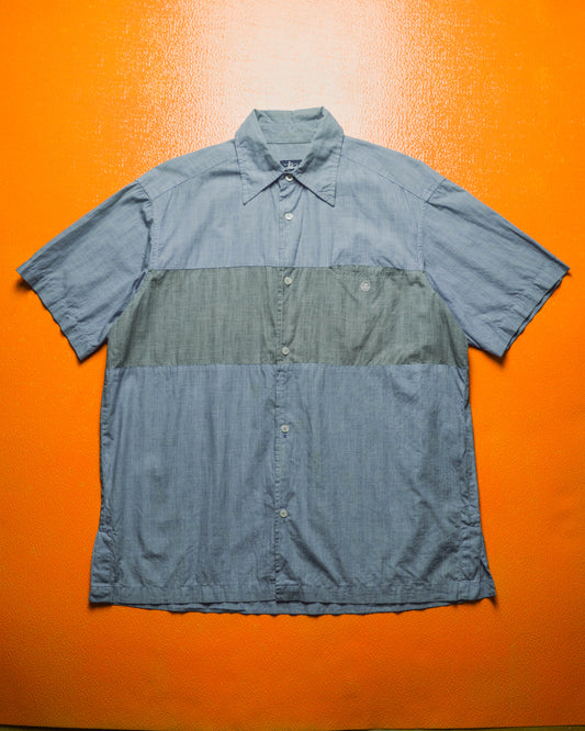 Blue Grey Check Two Tone Panelled Short Sleeve Shirt (~L~)