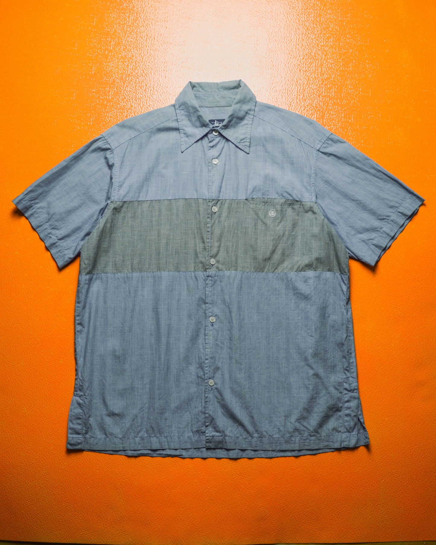 Blue Grey Check Two Tone Panelled Short Sleeve Shirt (~L~)