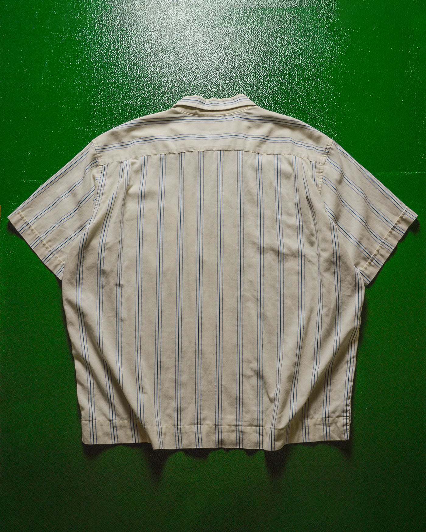 Cream Blue Striped Textured Embroidered Logo Short Sleeve Summer Shirt (XL~XXl)