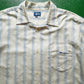 Cream Blue Striped Textured Embroidered Logo Short Sleeve Summer Shirt (XL~XXl)