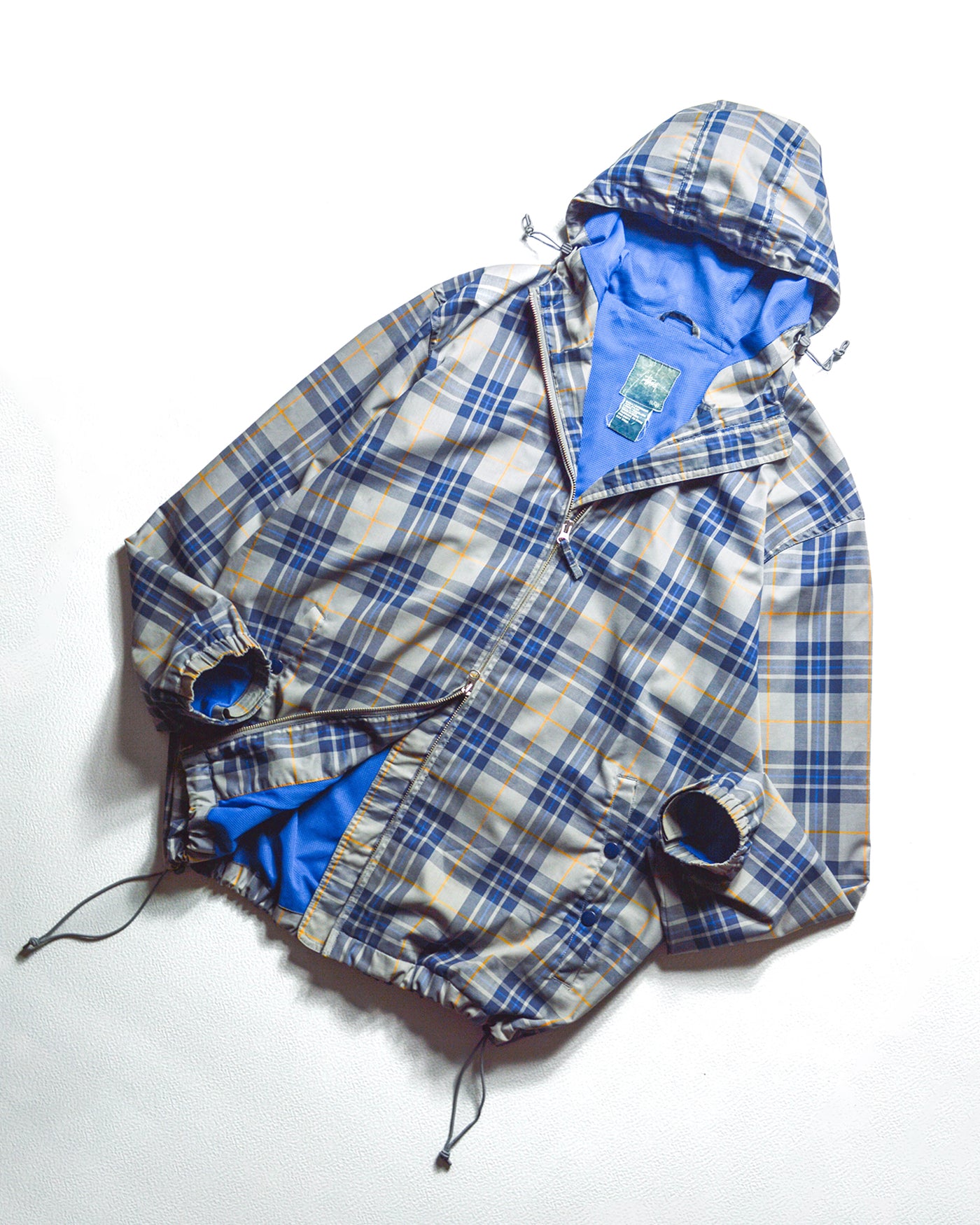 Early 2000s Plaid Mesh Lined Grey Blue Orange Windbreaker Jacket (L)