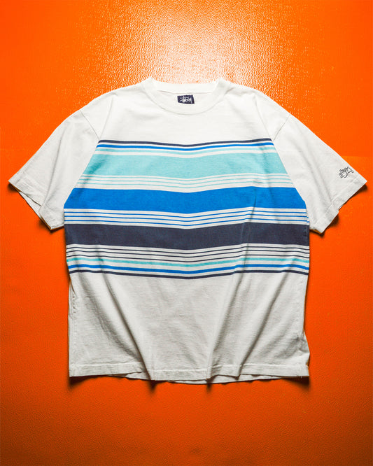 Early 2000s White Blue Half Striped Sleeve Logo T-shirt (~XL~).