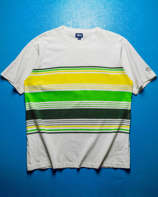 Early 2000s White Green Yellow Half Striped Sleeve Logo T-shirt (~L~)