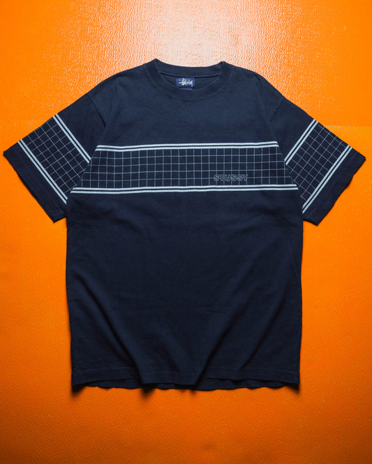 Early 2000s  Window Pane / Grid Print Navy T-shirt (~M~).