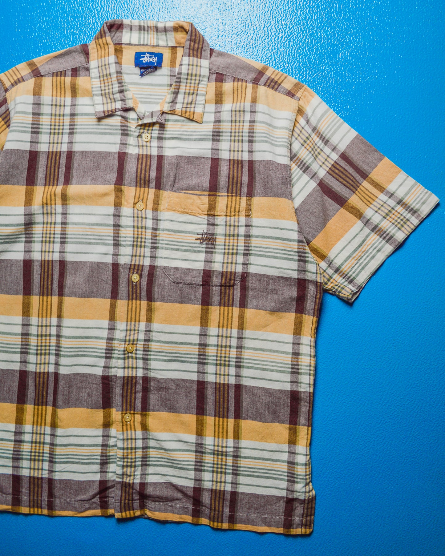 Brown / Pale Orange Check Emroidered Logo Short Sleeve Shirt (M)