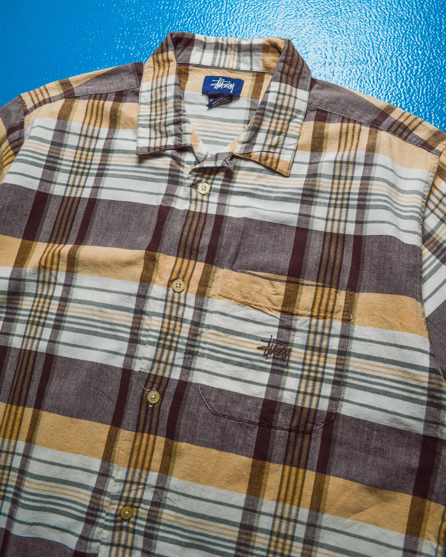 Brown / Pale Orange Check Emroidered Logo Short Sleeve Shirt (M)