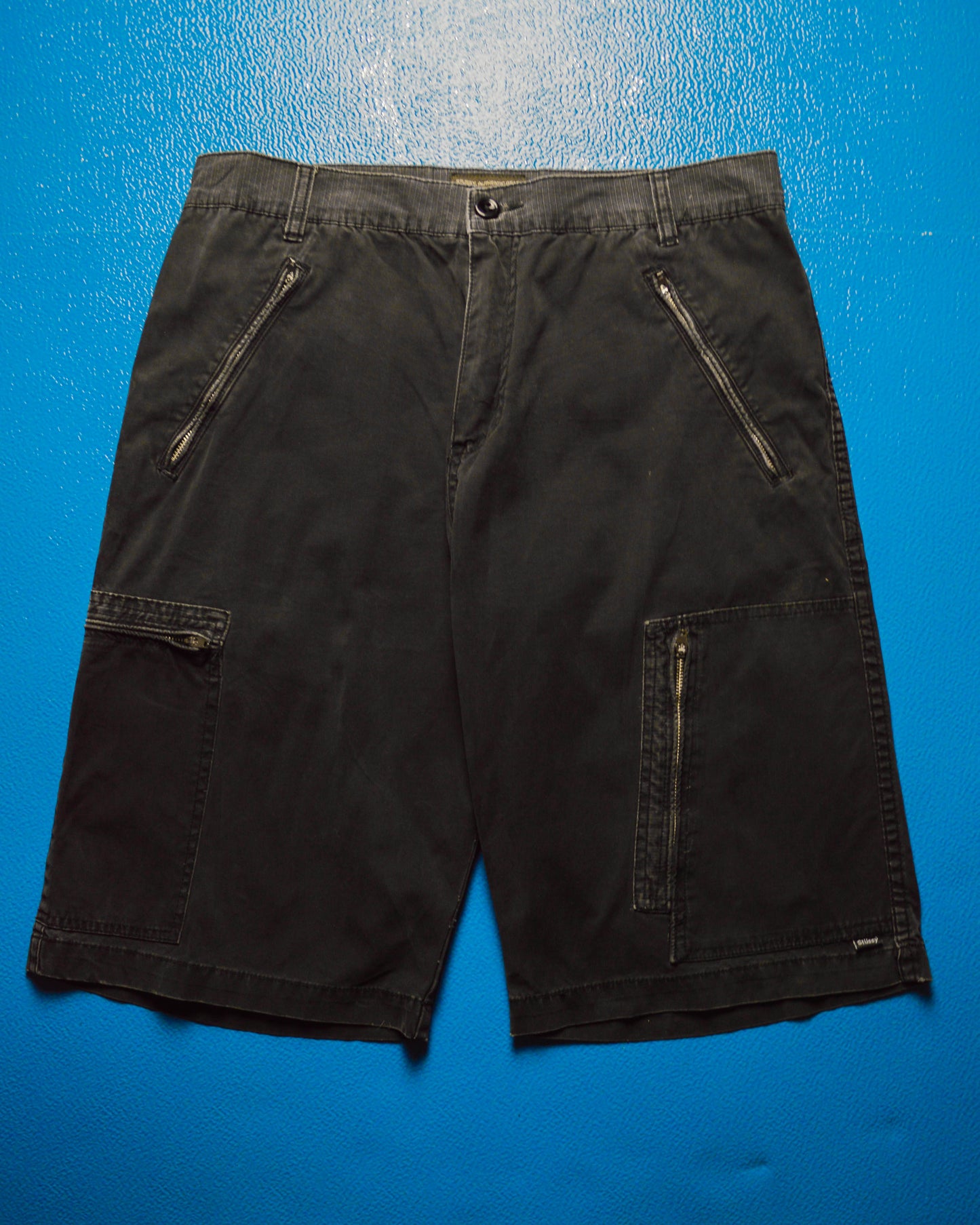 Washed Black Asymmetrical Flight Cargo Pocket Shorts (32)