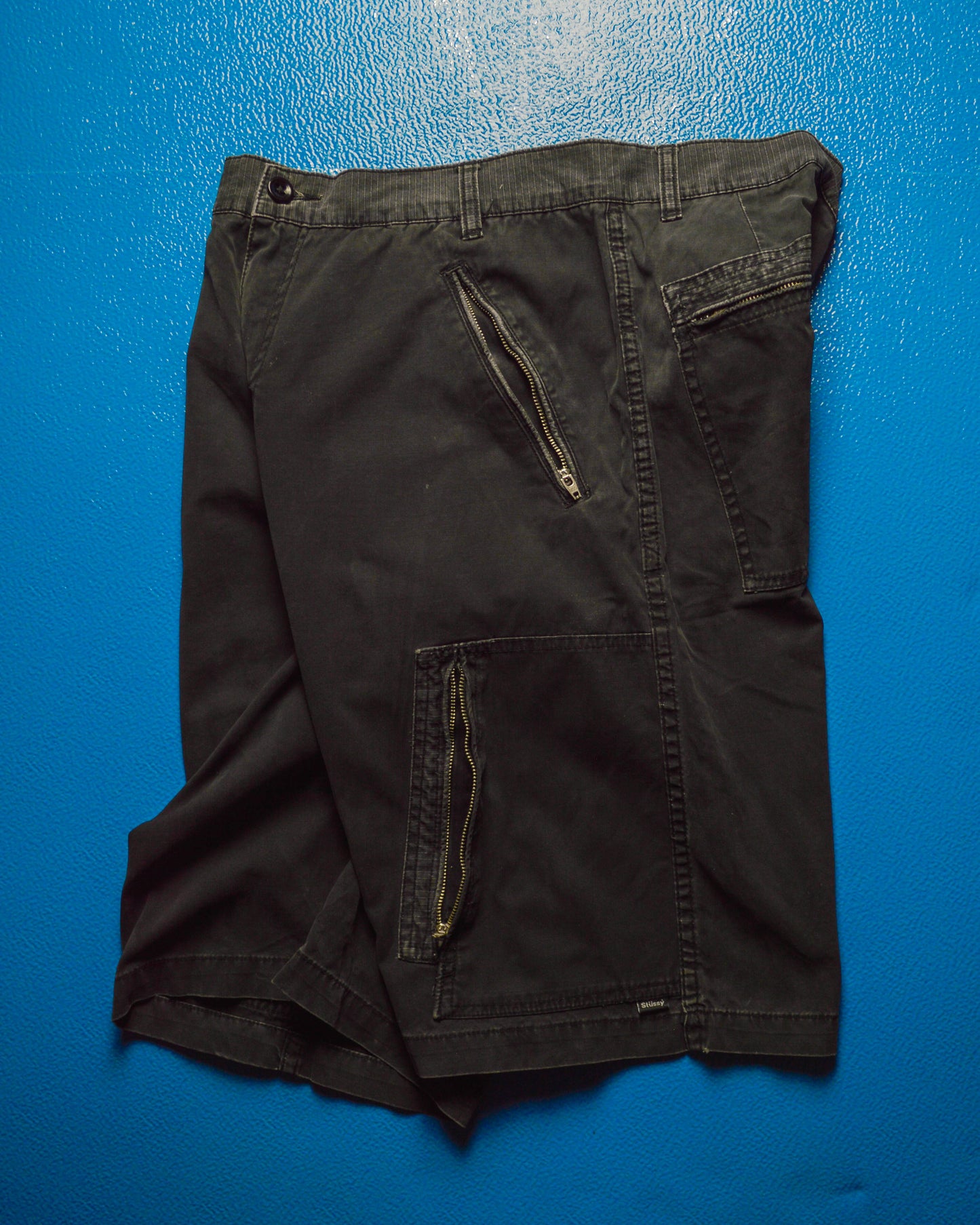 Washed Black Asymmetrical Flight Cargo Pocket Shorts (32)