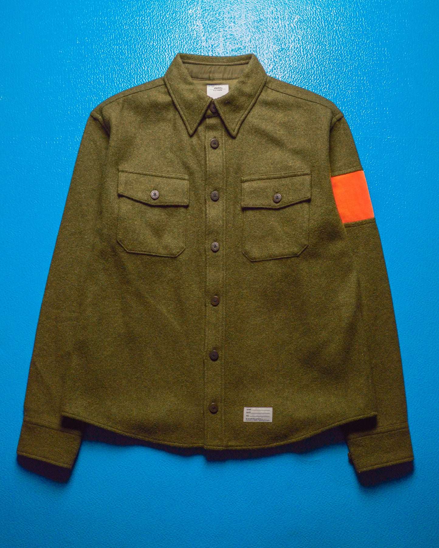 Wool / Deer Skin Tab Orange Sleeve Strip Olive Shirt (~S~)