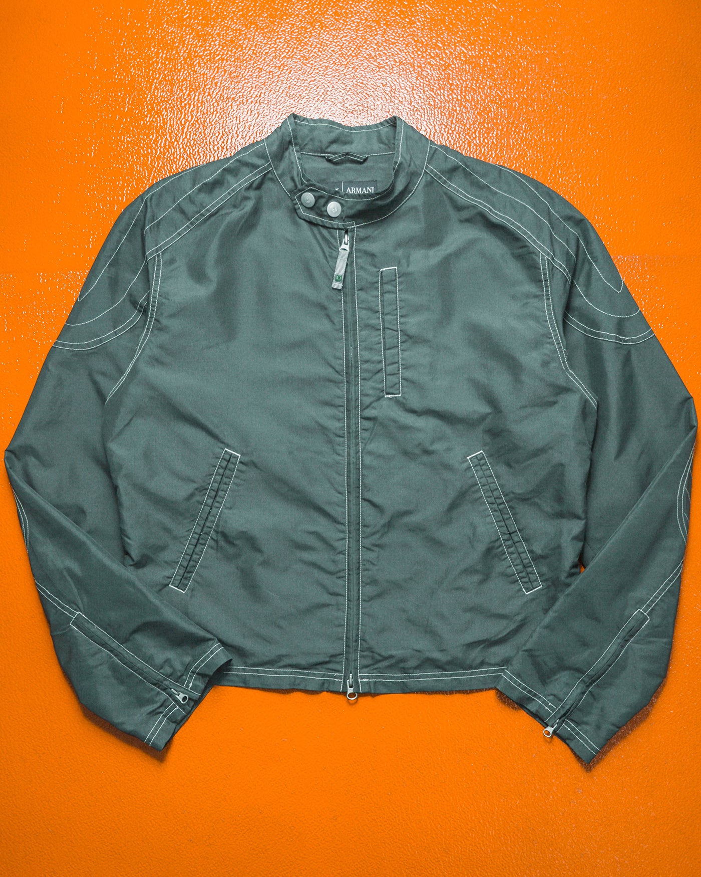 Contrast Stitch Muted Green Grey Nylon Moto Jacket (~M~)