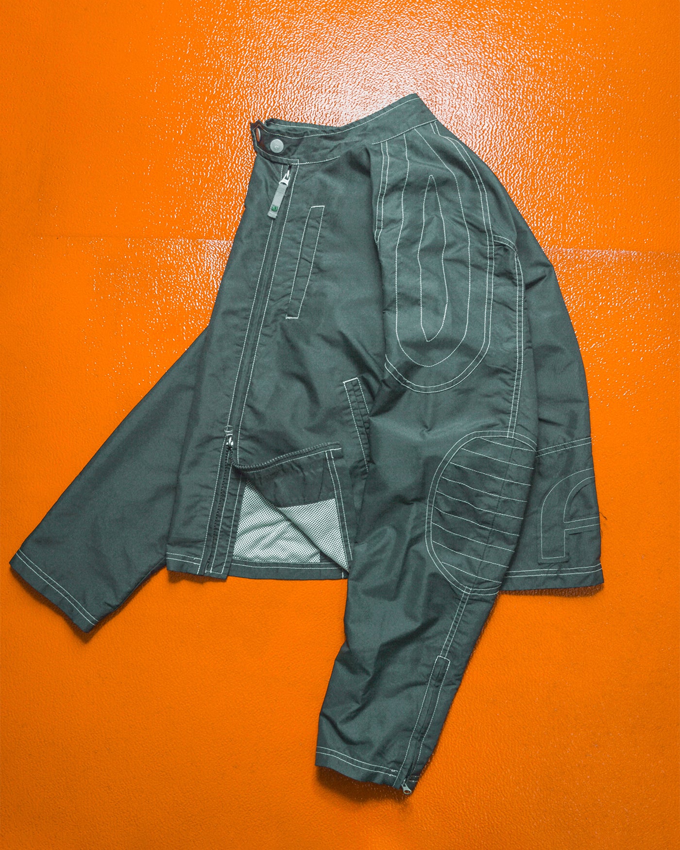 Contrast Stitch Muted Green Grey Nylon Moto Jacket (~M~)