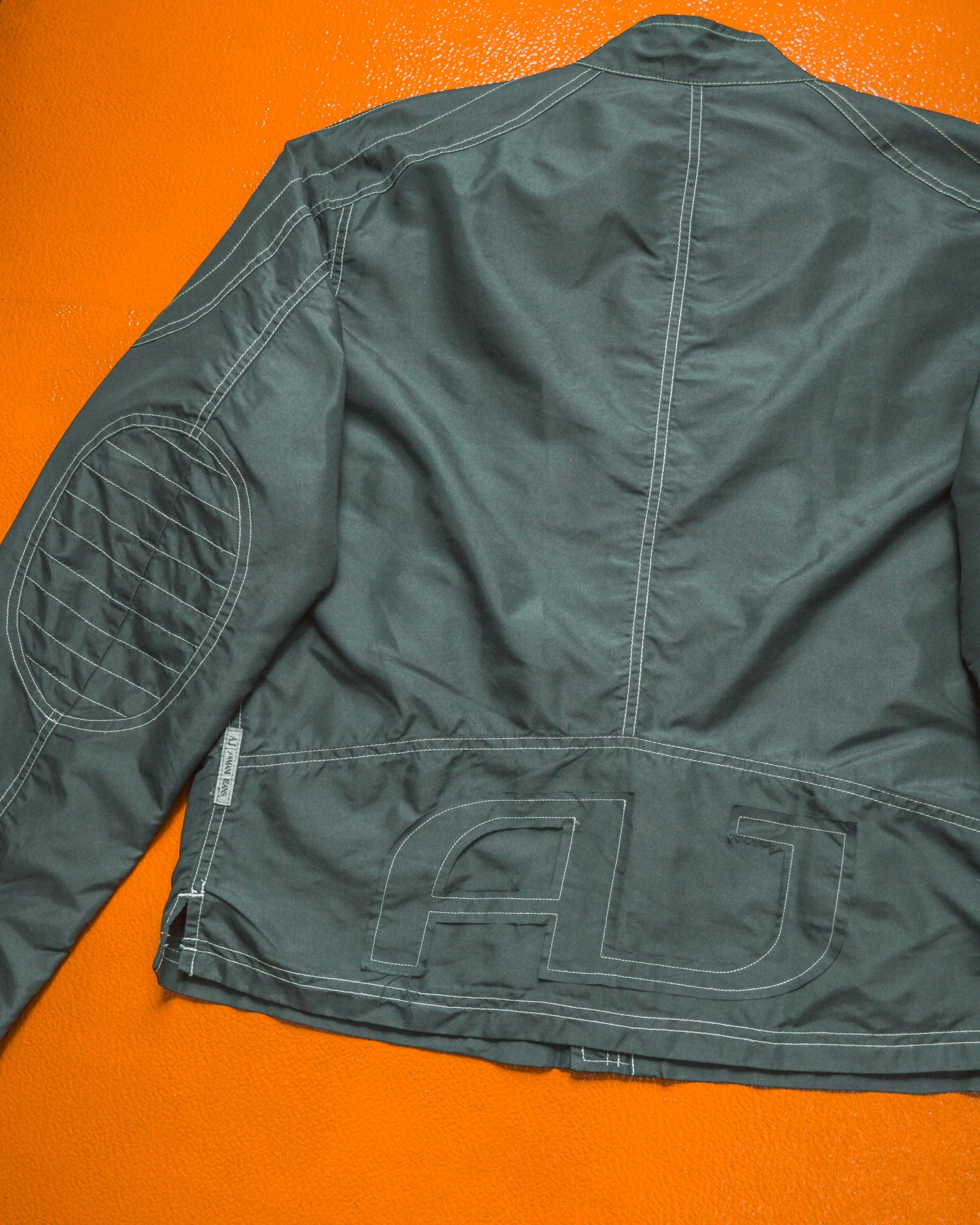 Contrast Stitch Muted Green Grey Nylon Moto Jacket (~M~)