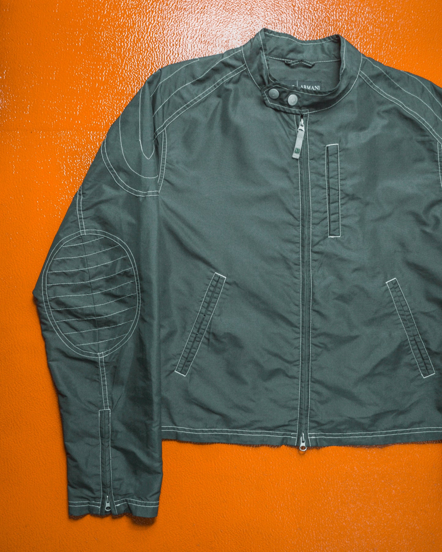 Contrast Stitch Muted Green Grey Nylon Moto Jacket (~M~)