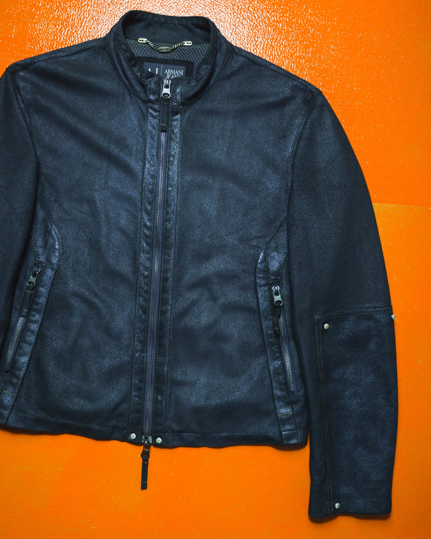 Navy Cracked Effect Coated Faux Suede Moto Jacket (~M~)