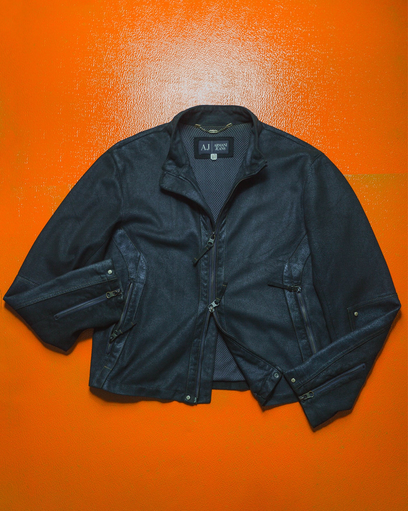 Navy Cracked Effect Coated Faux Suede Moto Jacket (~M~)