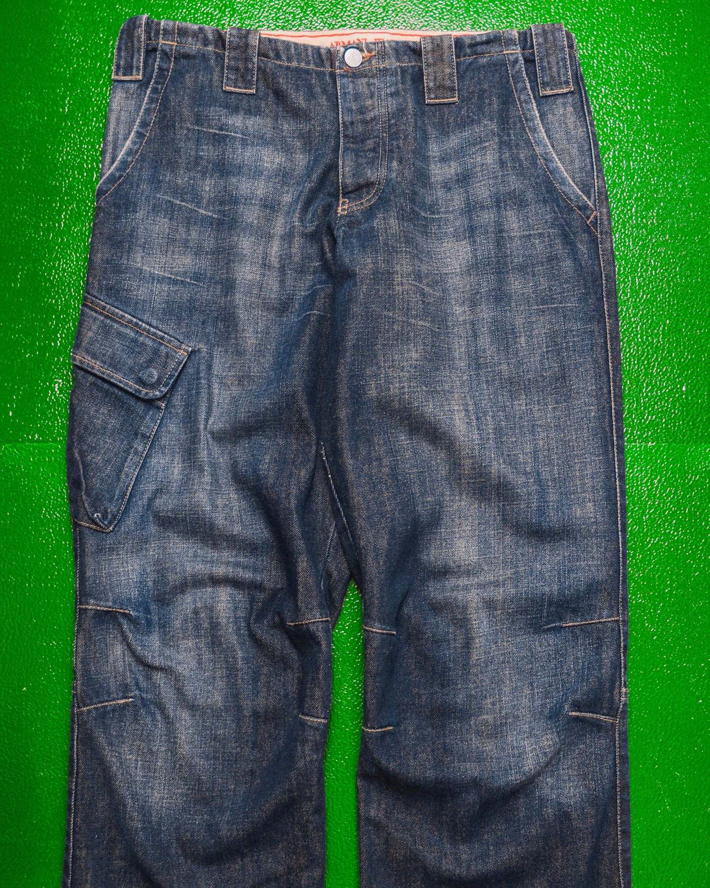 Relaxed Asymmetrical Dark Wash Blue Denim Cargo Pants (33)